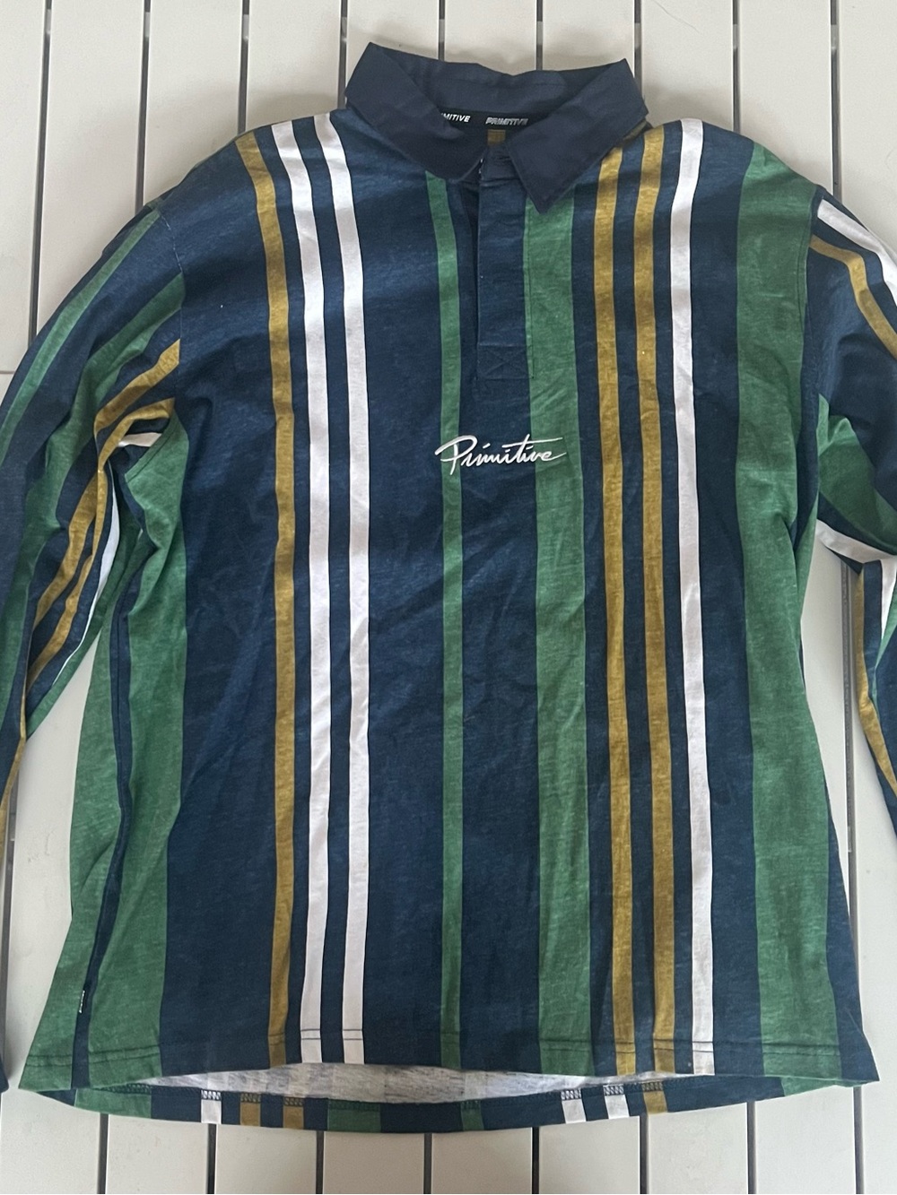 Primitive Long Sleeve Striped Polo Shirt - Navy/Green/Gold/White
